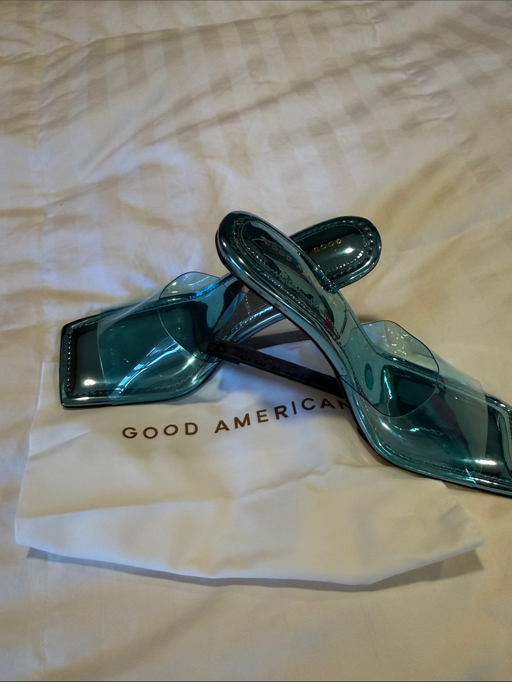 Good American Teal Transparent PVC Slide Heels